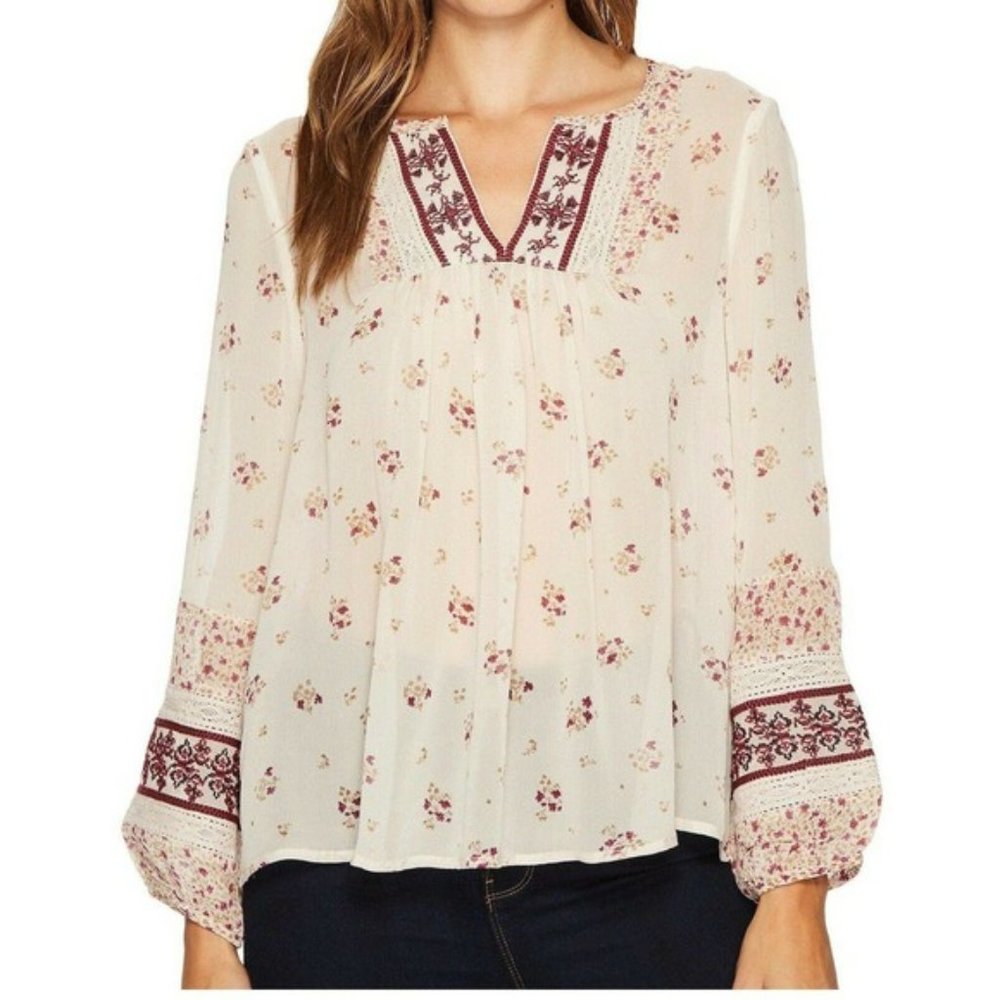 Joie Joleta Peasant Top Blouse Size S Ivory Silk Floral Print Embroidered
